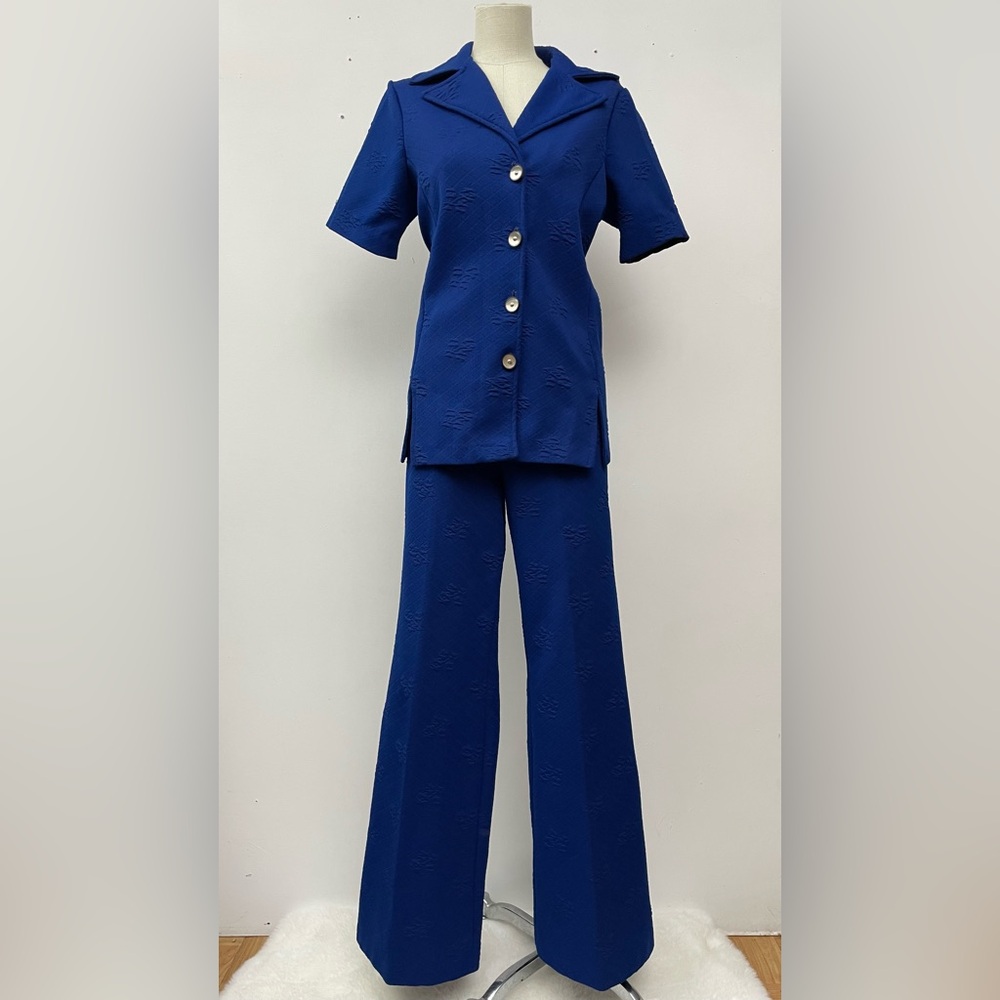 Vintage 70s retro 2 pc matching pant suit set moody blue size 12